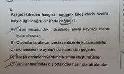 6.
Aşağıdakilerden hangisi inorganik bileşiklerin özellik-
leriyle ilgili doğru bir ifade değildir?
Ay Insan vücudundaki hücrelerde enerji kaynağı olarak
kullanılmazlar.
B) Ototroflar tarafından besin sentezinde kullanılabilirler.
C) Monomerlerine ayrılıp hücre zarından geçerler.
D) Bileşik enzimlerin yardımcı kısmını oluşturabilirler.
E) Canlılar tarafından dış ortamdan hazır olarak alınırlar.