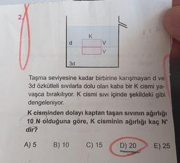 2
K
d
V
V
3d
Taşma seviyesine kadar birbirine karışmayan d ve
3d özkütleli sıvılarla dolu olan kaba bir K cismi ya-
vaşca bırakılıyor. K cismi sıvı içinde şekildeki gibi
dengeleniyor.
Keisminden dolayı kaptan taşan sivinin ağırlığı
10 N olduğuna göre, K cisminin ağırlığı kaç N'
dir?
A) 5
B) 10.
C) 15
D) 20
E) 25
