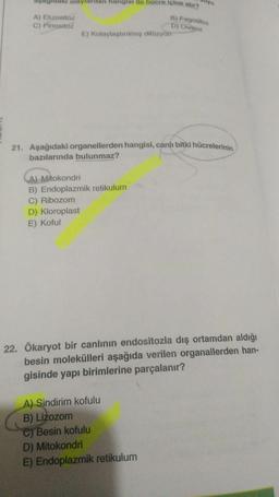 aki olaylardan hangisi ile hucre içine alır?
yu
A) Ekzositoz
C) Pinositoz
B) Fagouitoz
D) Osmoz
E) Kolaylaştırılmış difüzyon
21. Aşağıdaki organellerden hangisi, canlı bitki hücrelerinin
bazılarında bulunmaz?
A) Mitokondri
B) Endoplazmik retikulum
C) Ribozom
D) Kloroplast
E) Koful
22. Ökaryot bir canlının endositozla dış ortamdan aldığı
besin molekülleri aşağıda verilen organallerden han-
gisinde yapı birimlerine parçalanır?
A) Sindirim kofulu
B) Lizozom
C) Besin kofulu
D) Mitokondri
E) Endoplazmik retikulum