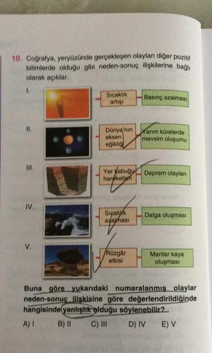 10. Coğrafya, yeryüzünde gerçekleşen olayları diğer pozitif
bilimlerde olduğu gibi neden-sonuç ilişkilerine bağlı
olarak açıklar.
1
Sıcaklık
artisi
Basınç azalması
II
Dünya'nın
eksen
eğikliğ)
Yarım kürelerde
mevsim oluşumu
Yer Kabuğu Deprem olayları
hareke