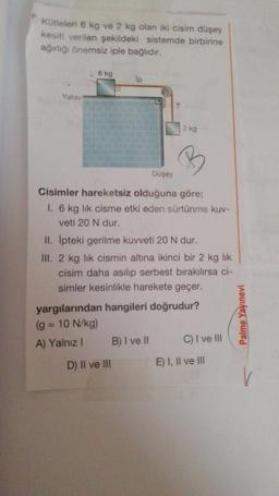 kütleleri 6 kg ve 2 kg olan iki cisim düşey
kesiti verilen şekildeki sistemde birbirine
ağırlığı önemsiz iple bağlıdır.
6 kg
lp
Yatay
T
2 kg
B
Düşey
Cisimler hareketsiz olduğuna göre;
I. 6 kg lik cisme etki eden sürtünme kuv-
veti 20 N dur.
II. Ipteki gerilme kuvveti 20 N dur.
III. 2 kg lik cismin altına ikinci bir 2 kg lik
cisim daha asilip serbest bırakılırsa ci-
simler kesinlikle harekete geçer.
yargılarından hangileri doğrudur?
(g = 10 N/kg)
A) Yalnız B) I ve II C) I ve III
Palme Yayınevi
D) II ve III
E) I, II ve III
V
