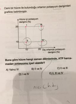 Canlı bir hücre ile bulunduğu ortamın potasyum derişimleri
grafikte belirtilmiştir.
AHücre içi potasyum
derişimi (%)
1
20.
IV
10.
10
20 Dış ortamda potasyum
derişimi (%)
Buna göre hücre hangi zaman dilimlerinde, ATP harca-
madan potasyumu içeri alabilir?
B) II ve IV
C) II ve III
A) Yalnız M
D) I ve IV
E) II, III ve IV
nici chdig
