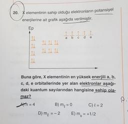 20. X elementinin sahip olduğu elektronların potansiyel
enerjilerine ait grafik aşağıda verilmiştir.
Ep
Į Į I Į I
a
d
b c
d
e
It It Th
Il d lh
10
11
Buna göre, X elementinin en yüksek enerjili a, b,
c, d, e orbitallerinde yer alan elektronlar aşağı-
daki kuantum sayılarından hangisine sahip ola-
maz?
Ath=4
B) me = 0 C) l = 2
D) me = -2
E) m = +1/2
