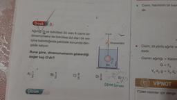 Cisim, hacminin bir kısm
dir.
I
Örnek
3
Ağırlığı G ve özkütlesi 3d olan K cisimi bir
dinamometre ile özkütlesi 2d olan bir sivi
içine batırıldığında şekildeki konumda den-
gede kalıyor.
T
Dinamometre
Cisim, zıt yönlü ağırlık ve
dedir.
Buna göre, dinamometrenin gösterdiği
değer kaç G'dir?
K.
SIVI
Cismin ağırlığı = Kaldır
G = FK
Vodog = Vod,
A)
wlt
3)
NI-
C)
c)
WIN
62
Bude
E) 1
mo
ÖSYM Sorusu
5)
VİPNOT
Çözüm
Yüzen cisimler için denge
