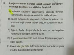 5.
o
Aşağıdakilerden hangisi toprak oluşum sürecinde
ana kaya özelliklerinin etkisine örnektir?
A) Volkanik kayaların çözülmesiyle üzerinde mineral
bakımından zengin ve verimli topraklar oluşur.
B) Kurak bölgelerde kimyasal çözülmenin yetersiz ol-
masına bağlı olarak toprak oluşum süreci çok uzun-
dur.
C) Eğimin fazla olduğu alanlarda erozyon ve heyelan
nedeniyle toprağın kalınlığı azdır.
D) Toprak taneciklerinin ince olması toprağın geçirgen-
liğini azaltır.
E) Üzerinde gür bitki örtüsü bulunan topraklar organik
madde bakımından zengindirler.