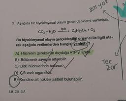 LO
zaryol
3. Aşağıda bir biyokimyasal olayın genel denklemi verilmiştir.
Işık
CO2 + H20
C6H12O6 + O2
Bu biyokimyasal olayın gerçekleştiği
organel ile ilgili ola-
rak aşağıda verilenlerden hangisi yanlıştır?
A) Hücrenin gereksinim duyduğu ATP'yi üretir.
B) Bölünerek sayısını artırabilir.
C) Bitki hücrelerinde bulunur.
D) Çift zarli organeldir
.
E) Kendine ait nükleik asitleri bulunabilir.
Tek
zar
1.B 2.B 3.A