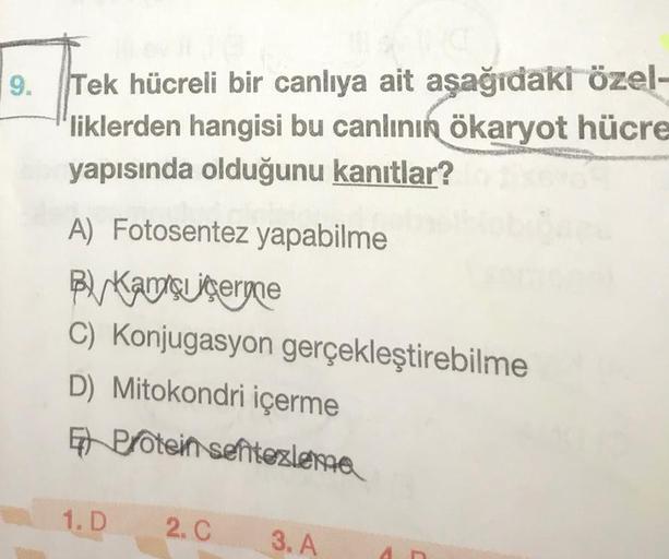 9.
Tek hücreli bir canlıya ait aşağıdaki özel-
liklerden hangisi bu canlının ökaryot hücre
yapısında olduğunu kanıtlar?
A) Fotosentez yapabilme
By Kaç çergne
C) Konjugasyon gerçekleştirebilme
D) Mitokondri içerme
En protein sentezlenia
1.D
2.C
3. A
