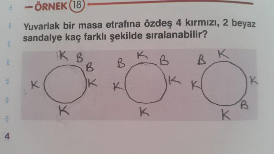 ens
- ÖRNEK (18
Yuvarlak bir masa etrafına özdeş 4 kırmızı, 2 beyaz
sandalye kaç farklı şekilde sıralanabilir?
ers
eis
IK B
K
eis
B
B.
B
B
ets
K
K
K
K
eis
B
K
K
eis
4