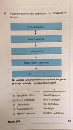 Aşağıdaki grafikte fiziki coğrafyanın bazı alt dalları verilmiştir.
Fiziki Coğrafya
Sular Coğrafyasi
I. ...
Doğal Afetler Coğrafyası
II. ...
Bu grafikte numaralandırılarak boş bırakılan yerlere aşağıdakilerden hangisi getirilmelidir?
A) Yer Şekilleri Bilimi - Nüfus Coğrafyası
B) Turizm Coğrafyası - Enerji Coğrafyası
C) Harita Bilgisi - Bitki Coğrafyası
D) Siyasi Coğrafya - İklim Bilgisi
E) Toprak Coğrafyası - Yerleşme Coğrafyası