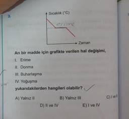 Sıcaklık (°C)
3.
erime
Zaman
Arı bir madde için grafikte verilen hal değişimi,
1. Erime
II. Donma
III. Buharlaşma
IV. Yoğuşma
yukarıdakilerden hangileri olabilir?
for
A) Yalnız II
C) I ve II
B) Yalnız III
D) II ve IV
E) I ve IV