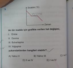 Sıcaklık (°C)
3.
erime
Zaman
Arı bir madde için grafikte verilen hal değişimi,
1. Erime
II. Donma
III. Buharlaşma
IV. Yoğuşma
yukarıdakilerden hangileri olabilir?
for
A) Yalnız II
C) I ve II
B) Yalnız III
D) II ve IV
E) I ve IV
