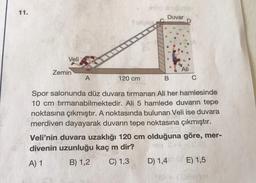 11.
Duvar
Veli
Ali
Zemin
A
120 cm
B
C
Spor salonunda düz duvara tırmanan Ali her hamlesinde
10 cm tırmanabilmektedir. Ali 5 hamlede duvarın tepe
noktasına çıkmıştır. A noktasında bulunan Veli ise duvara
merdiven dayayarak duvarın tepe noktasına çıkmıştır.
Veli'nin duvara uzaklığı 120 cm olduğuna göre, mer-
divenin uzunluğu kaç m dir?
B) 1,2 C) 1,3 D) 1,4 E) 1,5
A) 1
