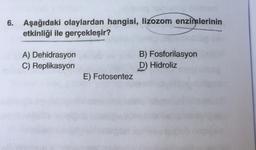 6. Aşağıdaki olaylardan hangisi, lizozom enzimlerinin
etkinliği ile gerçekleşir?
A) Dehidrasyon
C) Replikasyon
B) Fosforilasyon
D) Hidroliz
E) Fotosentez