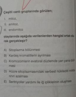 Çeşitli canlı gruplarında görülen;
L mitoz,
II. amitoz,
Ill. endomitoz
olaylarında aşağıda verilenlerden hangisi ortak ola-
rak gerçekleşir?
A) Sitoplazma bölünmesi
B) Kardeş kromatitlerin aynlması
C) Kromozomlann evatoral düzlemde yan yana dizil-
mesi
D) Hücre sitoplazmasındaki serbest nükleotit mikta-
rinin azalması
E) Sentriyoller yardımı ile iğ ipliklerinin oluşması