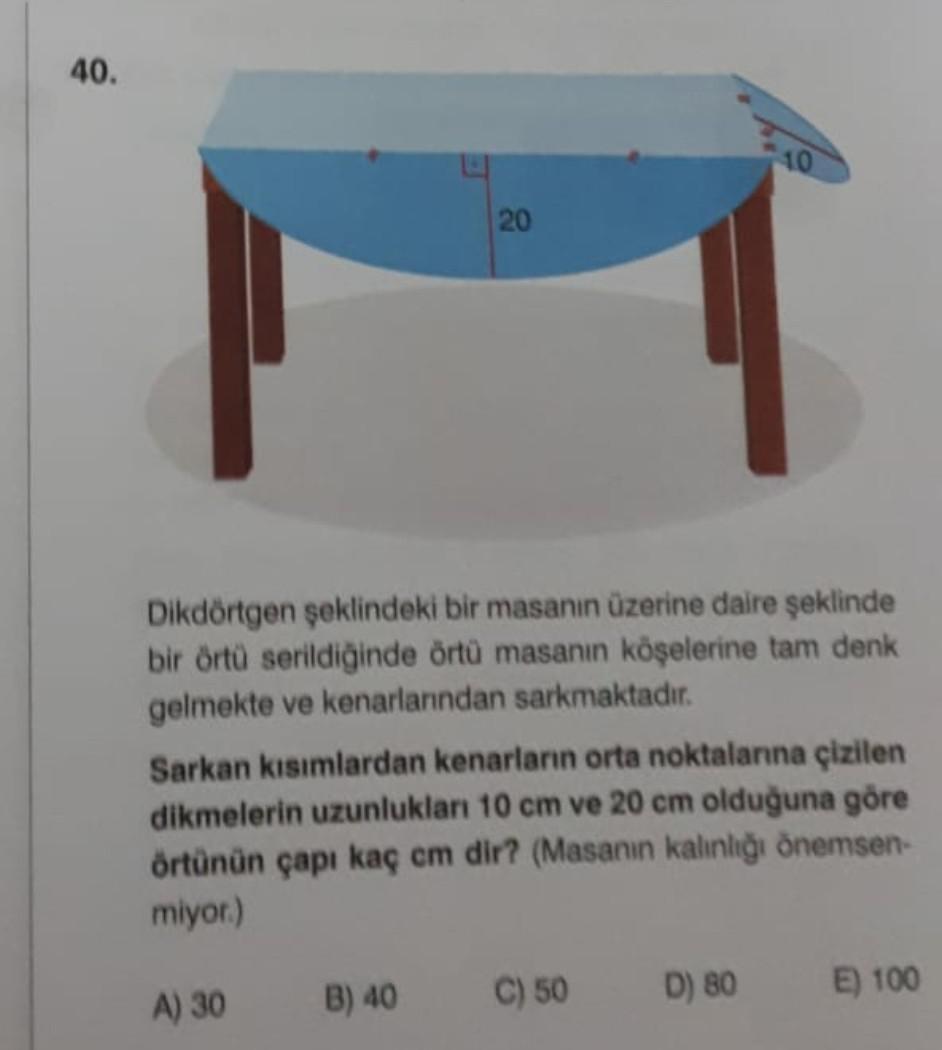 40.
10
20
Dikdörtgen şeklindeki bir masanın üzerine daire şeklinde
bir örtü serildiğinde örtü masanın köşelerine tam denk
gelmekte ve kenarlarndan sarkmaktadır.
Sarkan kısımlardan kenarların orta noktalanna çizilen
dikmelerin uzunluklan 10 cm ve 20 cm olduğuna göre
örtünün çapı kaç cm dir? (Masanın kalınlığı önemsen-
miyor.)
B) 40
C) 50
D) 80
E) 100
A) 30
