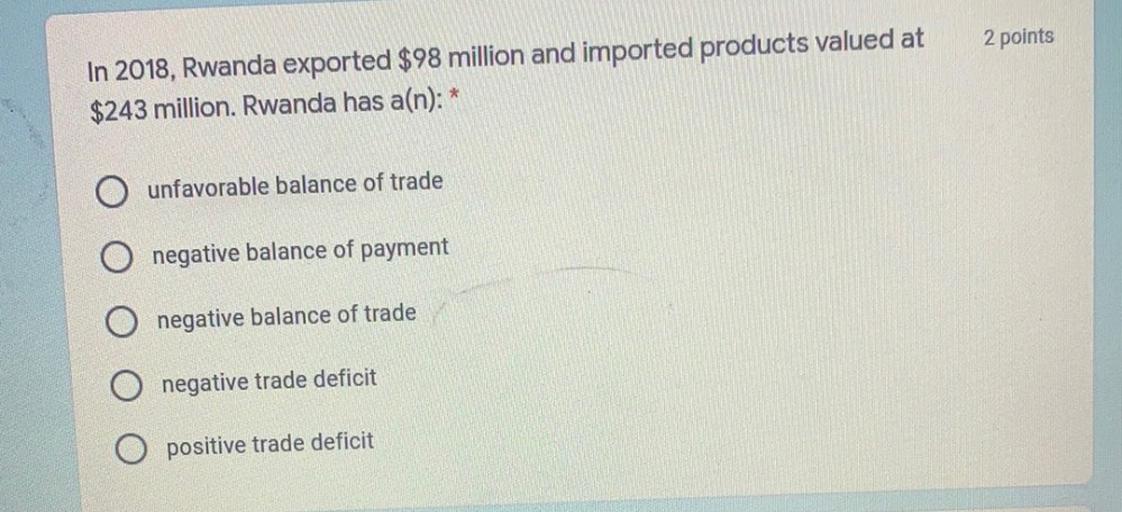 2 points
In 2018, Rwanda exported $98 million and imported products valued at
$243 million. Rwanda has a(n): *
unfavorable balance of trade
negative balance of payment
negative balance of trade
negative trade deficit
positive trade deficit