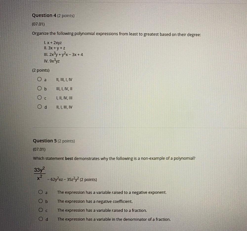 Question 4 2 Points 07 01 Organize The Following Po Math