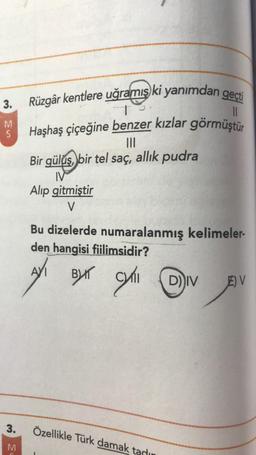 geçti
3. Rüzgâr kentlere uğramış ki yanımdan
11
M
S.
Haşhaş çiçeğine benzer kızlar görmüştür
Bir gülüş, bir tel saç, allık pudra
IV
Alip gitmiştir
V
Bu dizelerde numaralanmış kelimeler-
den hangisi fiilimsidir?
All Byx cyli
Byr Cyli v
E) V
3.
Özellikle Türk damak tadın
M