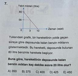 7.
Yakit miktarı (litre)
80
56
Zaman (saat)
0
3
10
Yukarıdaki grafik, bir hareketlinin yolda geçen
süreye göre deposunda kalan benzin miktarını
göstermektedir. Bu hareketli, deposunda bulunan
80 litre benzinle harekete başlıyor.
Buna göre, hareketlinin deposunda kalan
benzin miktarı kaç dakika sonra 20 litre olur?
A) 350
B) 375
C) 400
D) 425
E) 450