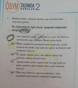 ÖSYM TADINDA
2
1.
Nükleik asitler, nükleotit denilen yapı birimlerinden
meydana gelirler.
Bu nükleotitlerle ilgili olarak, aşağıdaki bilgilerden
hangisi yanliştir?
Her nükleotit çeşidi, hem DNA'nın hem de RNA’nın
sentezinde yapı maddesi olarak kullanılabilir.
B) Bütün çeşitlerinin sentezlenmesi sırasında, azotlu
bazlara ek olarak, beş karbonlu şeker ve fosforik asit
molekülü kullanılır.
c) İki halkalı olanlar pürin, tek halkalı olanlar ise
pirimidin olarak adlandırılırlar.
D) Yapılarındaki azotlu organik baz ve beş karbonlu
şeker çeşidine göre toplam sekiz çeşit nükleotit
bulunur.
E) DNA veya RNA’nın yapısına katılırken, farklı
özellikteki beş karbonlu şekerlere bağlanırlar.