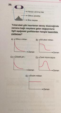 39.
Havası alınmış kap
Glikoz çözeltisi
Bira mayası
Yukarıdaki gibi hazırlanan deney düzeneğinde
zamana bağlı meydana gelen değişimlerle
ilgili aşağıdaki grafiklerden hangisi kesinlikle
çizilemez?
A) Glikoz miktari
B) A Etil alkol miktarı
Zaman
Zaman
C) Çözelti pH
D) Canlı hücre sayısı
→ Zaman
Zaman
E) Enzim miktarı
Zaman