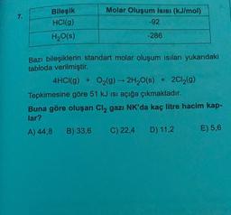 7.
Bileşik
HCl(g)
Molar Oluşum Isısı (kJ/mol)
-92
H2O(S)
-286
Bazı bileşiklerin standart molar oluşum isiları yukarıdaki
tabloda verilmiştir.
4HCl(g) + O2(g) → 2H2O(s) + 2Cl2(9)
Tepkimesine göre 51 kJ isi açığa çıkmaktadır.
Buna göre oluşan Cl2 gazı NK'da kaç litre hacim kap-
lar?
A) 44,8 B) 33,6 C) 22,4 D) 11,2 E) 5,6