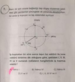 7. Mert
, bir ipin ucuna bağladığı taşı düşey düzlemde şekil-
deki gibi çembersel yörüngede ok yönünde döndürürken,
bir anda ip kopuyor ve taş sistemden ayrılıyor.
düşey
11
:IV
- yatay
okt
taş
Ip koptuktan bir süre sonra taşın hız vektörü ile ivme
vektörü birbirine dik olduğuna göre, şekildeki I, II, III,
IV ve V numaralı noktaların hangilerinde ip kopmuş
olabilir?
A) Yalnız!
B) Yalnız IV
C) Yalnız III
E) I, II, III IV ve V
D) II ve V
