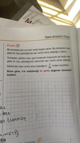 M.
Ders Anlatım Föyü
Örnek: 15
Bir torbada sarı ve mavi renkli toplar vardır. Bu torbadan rast-
gele bir top çekildiğinde sarı renkli olma olasılığı x olsun.
Torbadan çekilen topu geri bırakmak koşuluyla art arda rast-
gele iki top çekildiğinde ikisininde sarı renkli olma olasılığı,
ikisininde mavi renkli olma olasılığının
4
'inden küçüktür.
25
Buna göre, x'in alabileceği en geniş değerler kümesini
bulalım.
T
cat
- kat
at (tanmsie
himsir)
eis
Yeyenler
lorim