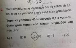 N.230
2. Sürtünmesiz yatay düzlemde 0,5 kg kütleli bir fut-
bol topu +x yönünde 6 m/s sabit hızla gitmektedir.
Topa +y yönünde 40 N kuvvetle 0,1 s vuruldu-
ğuna göre topun son hızının büyüklüğü kaç
m/s dir?
C) 10
D) 15
E) 20
B) 8
A) 4