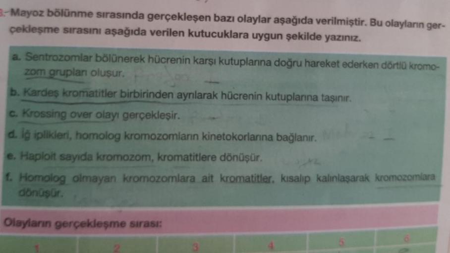 3. Mayoz bölünme sırasında gerçekleşen bazı olaylar aşağıda verilmiştir. Bu olayların ger-
çekleşme sırasını aşağıda verilen kutucuklara uygun şekilde yazınız.
a. Sentrozomlar bölünerek hücrenin karşı kutuplanna doğru hareket ederken dörtlü kromo-
zom grup