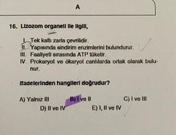 A
16. Lizozom organell lle Ilgill,
v
Tek katlı zarla çevrilidir.
II. Yapısında sindirim enzimlerini bulundurur.
III. Faaliyeti sırasında ATP tüketir.
IV. Prokaryot ve ökaryot canlılarda ortak olarak bulu-
nur.
ifadelerinden hangileri doğrudur?
C) I ve III
A) Yalnız III
D) Il ve IV
B) I ve II
E) I, Il ve IV
