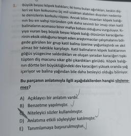 1.
Büyük beyaz köpek balıkları; iki tonu bulan ağırlıkları, keskin diş-
leri ve kan kokusunu üç mil uzaktan alabilen duyuları nedeniy-
le denizlerin korkulu rüyası. Ancak bilim insanları köpek balığı-
nin bu en vahşi türünden çok daha sevimli bir imajı olan katil
balinaların acımasız birer mafya babası olduğunu vurguluyor. K-
yıya vuran beş büyük beyaz köpek balığı ölüsünün karaciğerle-
rinin eksik olduğunu tespit eden araştırmacılar çalışmalarını böl-
gede görülen bir grup katil balina üzerine yoğunlaştırdı ve akıl
almaz bir taktikle karşılaştı. Katil balinaların köpek balıklarının
göğüs yüzgecine saldırdıkları ve oluşan yaradan karaciğeri tipkı
tüpten diş macunu sıkar gibi çıkardıkları görüldü. Köpek balığı-
nin dörtte biri büyüklüğündeki dev karaciğeri yüksek oranda yağ
içeriyor ve balina yağından bile daha besleyici olduğu biliniyor.
Bu parçanın anlatımıyla ilgili aşağıdakilerden hangisi söylene-
mez?
J
A) Açıklayıcı bir anlatım vardır.
B) Benzetme yapılmıştır.
Niteleyici sözler kullanılmıştır.
D) Anlatıma etkili söyleyişler katılmıştır.
E) Tanımlamaya başvurulmuştur.
