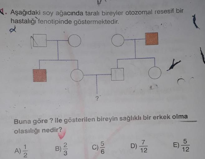 1. Aşağıdaki soy ağacında taralı bireyler otozomal resesif bir
hastalığı fenotipinde göstermektedir.
2
?"
Buna göre ? ile gösterilen bireyin sağlıklı bir erkek olma
olasılığı nedir?
C
)
2
B)
A)
A)
7
D)
12
5
E)
12
