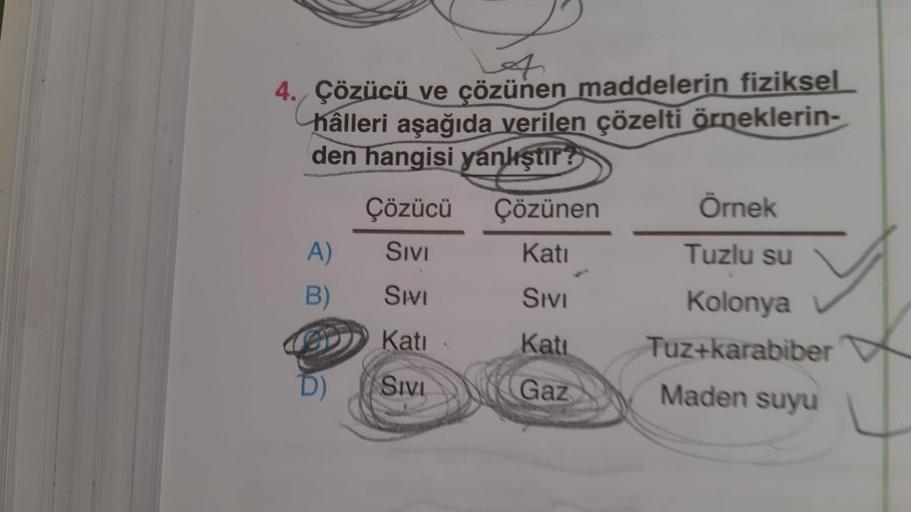 4. Çözücü ve çözünen maddelerin fiziksel
hâlleri aşağıda verilen çözelti örneklerin-
den hangisi yanıştır
Çözücü Çözünen Örnek
A) Sivi
Kati
Tuzlu su
B) Swi
Sivu
Kolonya
9) Kati
Kati Tuz+karabiber
SIVI
Gaz
Maden suyu