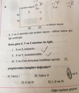 224
20
22Z
9.
22
A proton sayısı
20
x
•Y
20
Z
18
→nötron sayısı
20 22
mon
X, Y ve Z atomları için proton sayısı - nötron sayısı gra-
fiği verilmiştir.
Buna göre X, Y ve Z atomları ile ilgili,
I. X ve Z, izobardır. 1922
II. X ve Y, izoelektroniktir.
a
III. Y ve Z'nin kimyasal özellikleri aynıdır.
yargılarından hangileri doğrudur?
ve II
A) Yalnız !
B) Yalnız 10
D) II ve III
E) I, II ve III
Diğer sayfaya geçiniz.
