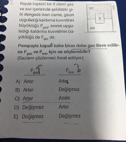 gaz
X
gaz'
SIVI
Kapalı kaptaki bir X cismi gaz
ve sivi içerisinde şekildeki gi-
bi dengede iken cisme, gazın
uyguladığı kaldırma kuvvetinin
büyüklüğü F sivinin uygu-
ladığı kaldırma kuvvetinin bü-
yüklüğü de Fsivdir.
Pompayla kapali kaba biraz daha gaz ilave edilir-
se ve için ne söylenebilir?
(Gazların çözünmesi ihmal ediliyor.)
gaz
SIVI
F
gaz!
Fs
SIVI
A) Artar
B) Artar
Artar
Değişmez
C) Artar
Azalır
Artar
D) Değişmez
E) Değişmez
Değişmez
