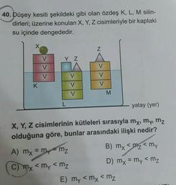 40. Düşey kesiti şekildeki gibi olan özdeş K, L, M silin-
dirleri; üzerine konulan X, Y, Z cisimleriyle bir kaptaki
su içinde dengededir.
X
Z
V
Y Z
V
|>>>
V
V
K
V
V
M
L
yatay (yer)
X, Y, Z cisimlerinin kütleleri sırasıyla my, my, mz
olduğuna göre, bunlar arasındaki ilişki nedir?
A) mx = my mz
B) mx <m₂ <my
C) mx < my < mz
D) mx = my < mz
E) my < mx < mz