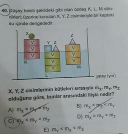 40. Düşey kesiti şekildeki gibi olan özdeş K, L, M silin-
dirleri; üzerine konulan X, Y, Z cisimleriyle bir kaptaki
su içinde dengededir.
X
Z
V
Y Z
V
|>>>
V
V
K
V
V
M
L
yatay (yer)
X, Y, Z cisimlerinin kütleleri sırasıyla my, my, mz
olduğuna göre, bunlar arasındaki ilişki nedir?
A) mx = my mz
B) mx <m₂ <my
C) mx < my < mz
D) mx = my < mz
E) my < mx < mz
