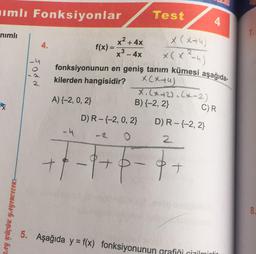 mlı Fonksiyonlar
Test
4
nimli
7.
4.
x² + 4x
f(x)=
x 3 - 4x
fonksiyonunun en geniş tanım kümesi aşağıda
kilerden hangisidir?
X (x+4)
x(x²-4)
rodd
XCx tu)
X. (x+2.(x-2)
B) {-2, 2}
CR
A) (-2, 0,2}
x
DR-(-2, 0, 2)
DR-{-2,2}
-4
2
+
-97
p
at
8.
-3BbTDƏMbhvh anóny hra
5. Aşağıda y = f(x) fonksiyonunun grafiši citilmintir