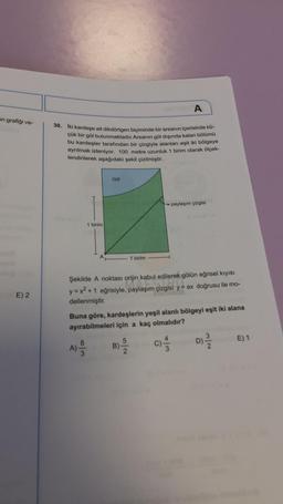 A
un grafiği ve-
30. Iki kardeşe ait dikdörtgen biçiminde bir arsanın içerisinde kü-
çük bir göl bulunmaktadır. Arsanın göl dışında kalan bölümü
bu kardeşler tarafından bir çizgiyle alanları eşit iki bölgeye
ayrılmak isteniyor. 100 metre uzunluk 1 birim olarak ölçek-
lendirilerek aşağıdaki şekil çizilmiştir.
Göl
paylaşım çizgisi
1 birim
1 birim
Şekilde A noktası orijin kabul edilerek gölün eğrisel kıyısı
y = x² + 1 eğrisiyle, paylaşım çizgisi y = ax doğrusu ile mo-
dellenmiştir.
E) 2
Buna göre, kardeşlerin yeşil alanlı bölgeyi eşit iki alana
ayırabilmeleri için a kaç olmalıdır?
E) 1
D)
A)
B)
C)
Non
