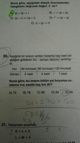 Buna göre, aşağıdaki bileşik önermelerden
hangisinin doğruluk değeri 0 dır?
A) (p ^ q) =>
B) => (9)
C) (p Ar) (q^r)
D) r' (pva)
E) qv (p => 1)
20. Aşağıda bir aracın verilen hızlarda kaç saat yol
aldığını gösteren hız - zaman tablosu verilmiş-
tir.
Hız
60 km/saat 90 km/saat 120 km/saat
Zaman
2 saat
3 saat
1 saat
Buna göre, bu aracın bütün yol boyunca or-
talama hızı saatte kaç km dir?
A) 75
B) 78
C) 80
D) 84
E) 85
120+ 270+ 120
spoke
48
21. Rakamları arasında,
9 K=L+2
L=M + 4
g
7
KIM