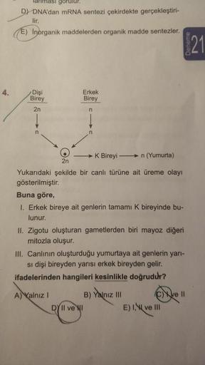 Tanmasi gorulur.
D) DNA'dan mRNA sentezi çekirdekte gerçekleştiri-
lir.
E) Inorganik maddelerden organik madde sentezler.
21
4.
Dişi
Birey
Erkek
Birey
2n
n
n
n
K Bireyi -→n (Yumurta)
2n
Yukarıdaki şekilde bir canlı türüne ait üreme olayı
gösterilmiştir.
Bu