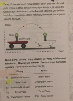 7. Yatay düzlemde, sabit hızla hareket eden arabaya dik vazi-
yette monte edilmiş sıkıştırılmış yayın üzerinde bir cisim bu-
lunmaktadır. Araba sabit hız ile hareket ederken, yay serbest
bırakılıyor ve cisim şekildeki yörüngeyi izleyerek tekrar yayın
üzerine düşüyor.
Düşey
1
1
1
Cisim
Sıkışmış yay
- Yatay
Buna göre, cismin düşey düzlem ve yatay düzlemdeki
hareketini, Newton'un Hareket Yasaları'ndan hangileri
açıklar? (Hava sürtünmesi önemsizdir.)
Düşey
Yatay
Temel Yasa
A) Eylemsizlik Yasası
B)
Temel Yasa
Eylemsizlik Yasası
C) Eylemsizlik Yasası
Eylemsizlik Yasası
D)
Temel Yasa
Temel Yasa
E) Eylemsizlik Yasası
Etki - Tepki Yasası
