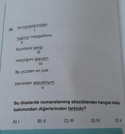 36. Yol kenarlarındaki
1
Yağmur mazgallarını
Kumbara sanip
Harçlığımı atardım
IV
Bu yüzden en çok
Denizden alacaklıyım
V
Bu dizelerde numaralanmış sözcüklerden hangisi kökü
bakımından diğerlerinden farklıdır?
A)!
B) 11
C) III
D) IV
EV
