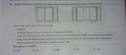 18. Aşağıda kaba inşaatı tamamlanmış bir siteye takılacak çift sayılı ve tek sayılı pencere camları verilmiştir.
Site ile ilgili olarak aşağıdakiler bilinmektedir.
6 katlıdır.
Her katta 4 daire vardır ve 2 daire kuzey, 2 daire güney yönlüdür.
Kuzey yönlü dairelerde 4 er oda, güney yönlü dairelerde 5 er oda olup her odada 2 şer pencere bulunmaktadır.
Kuzey yönlü dairelerde çift sayılı pencere camı, güney yönlü dairelerde tek sayılı pencere camı kullanılacaktır.
Sitede kullanılacak açılır cam sayısı x, sabit cam sayısı y'dir.
Buna göre, x + y kaçtır?
A) 552
B) 516
C) 496
D) 480
E) 444
.
