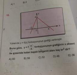 B2
A) 1
12.
x
-2
0
Yukarıda y = f(x) fonksiyonunun grafiği verilmiştir.
Buna göre, y=f fonksiyonunun grafiğinin x ekseni
ile arasında kalan kapalı bölgenin alanı kaç b dir?
4
D) 48
E) 36
C) 52
B) 56
A) 60
