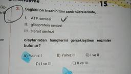 Helalrme
15.
ÜC-
3.
Sağlıklı bir insanın tüm canlı hücrelerinde,
erilt
1. ATP sentezi
II. glikoprotein sentezi
III. steroit sentezi
om
olaylarından hangilerini gerçekleştiren enzimler
bulunur?
A) Yalnız!
B) Yalnız III
C) I ve II
D) I ve III
E) II ve III
