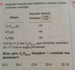 19
18. Aşağıdaki tabloda bazı bileşiklerin standart oluşum
entalpileri verilmiştir.
Standart Oluşum
Entalpisi (mmal
Bileşik
kcal)
CnH2n+2(9)
-20
CO (9)
-94
H2O(g)
-58
N.K'da 11,2 litre C H2n+2 gazı tamamen yakıldığın-
da 171 kcal isi açığa çıkmaktadır.
Buna göre C H2n+2 bileşiğinin 1 molekülü kaç
atomludur?
A) 2
B) 4
C) 6
D) 8
E) 10