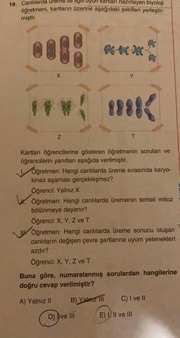 19. Canlılarda ureme llegir oyun kartları hazırlayan biyoloji
öğretmeni, kartların üzerine aşağıdaki şekilleri yerleştir-
miştir.
X
Y
w
Z
T
Kartları öğrencilerine gösteren öğretmenin soruları ve
öğrencilerin yanıtları aşağıda verilmiştir.
Öğretmen: Hangi canlılarda üreme sırasında karyo-
kinez aşaması gerçekleşmez?
Öğrenci: Yalnız X
W. Öğretmen: Hangi canlılarda üremenin temeli mitoz
bölünmeye dayanır?
Öğrenci: X, Y, Z ve T
1. Öğretmen: Hangi canlılarda üreme sonucu oluşan
canlıların değişen çevre şartlarına uyum yetenekleri
azdır?
Öğrenci: X, Y, Z ve T
Buna göre, numaralanmış sorulardan hangilerine
doğru cevap verilmiştir?
A) Yalnız II B) Yalarz III C) I ve II
D) I ve III
E) I, II ve III