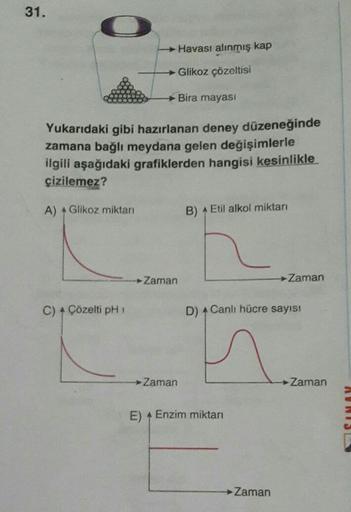 31.
Havası alınmış kap
Glikoz çözeltisi
Bira mayası
Yukarıdaki gibi hazırlanan deney düzeneğinde
zamana bağlı meydana gelen değişimlerle
ilgili aşağıdaki grafiklerden hangisi kesinlikle
çizilemez?
A) Glikoz miktar
B) Etil alkol miktarı
Zaman
Zaman
C) 4 Çöz